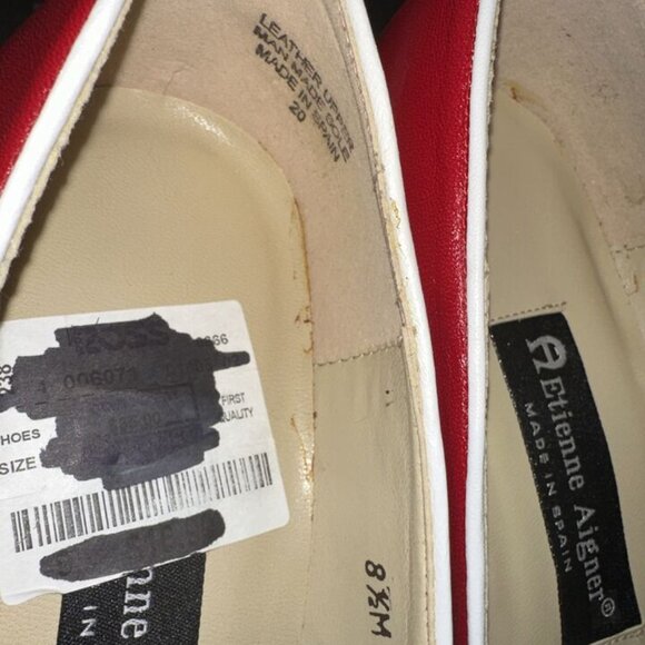 Etienne Aigner Red/White Peep Toe Slip On Thick Block Heel Leather Size 8.5 M - Picture 16 of 16